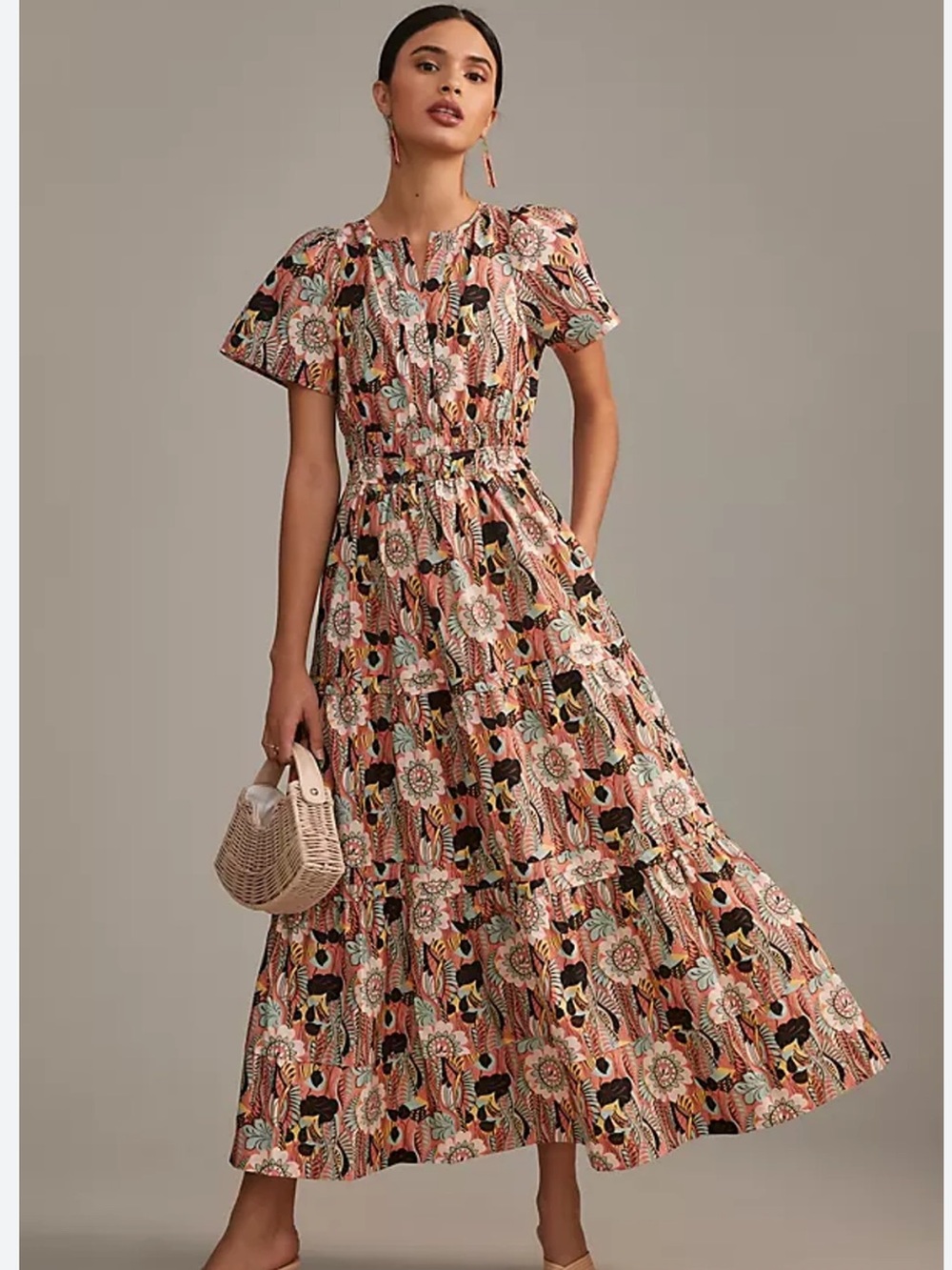 Anthropologie The Somerset Maxi Dress Cotton Tiered Floral Size Large Pink